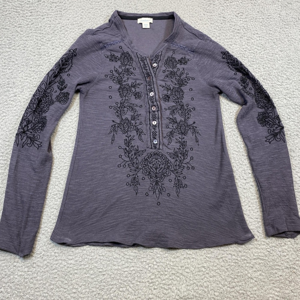 Sundance‎ Shirt Womens PXXS Purple Embroidered Floral Long Sleeve Henley Cotton